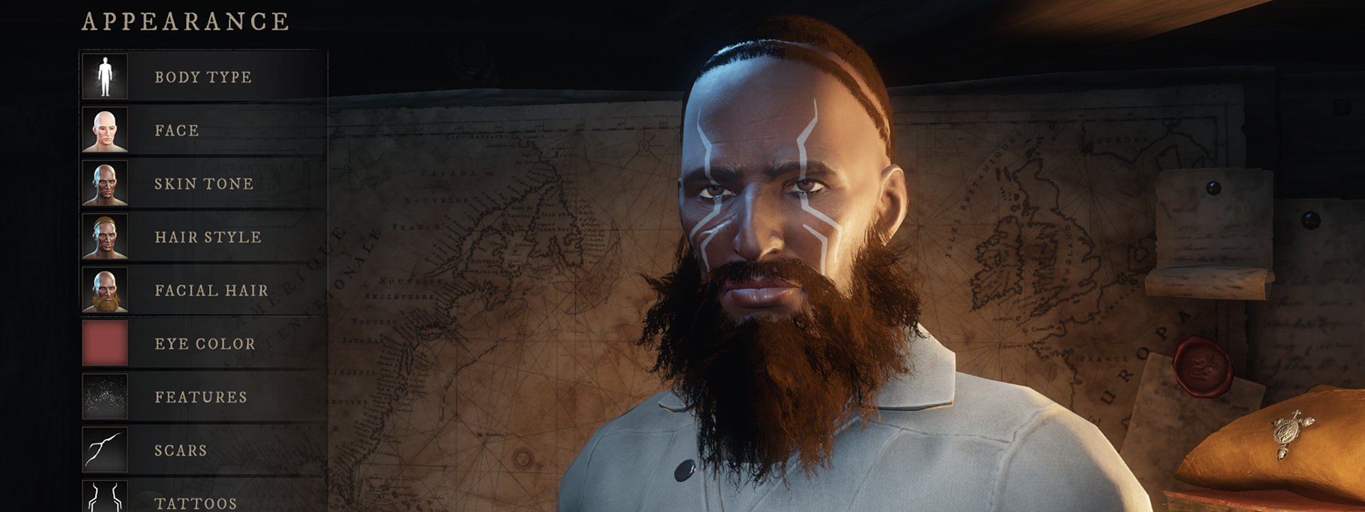 Снимок экрана интерфейса настройки персонажа, на котором изображен человек с темной кожей, дикой бородой и колючими синими татуировками.