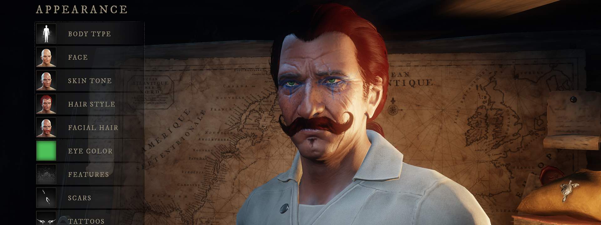 Снимок экрана интерфейса настройки персонажа, на котором изображен человек с темной кожей, синими татуировками под глазами и усами на руле.